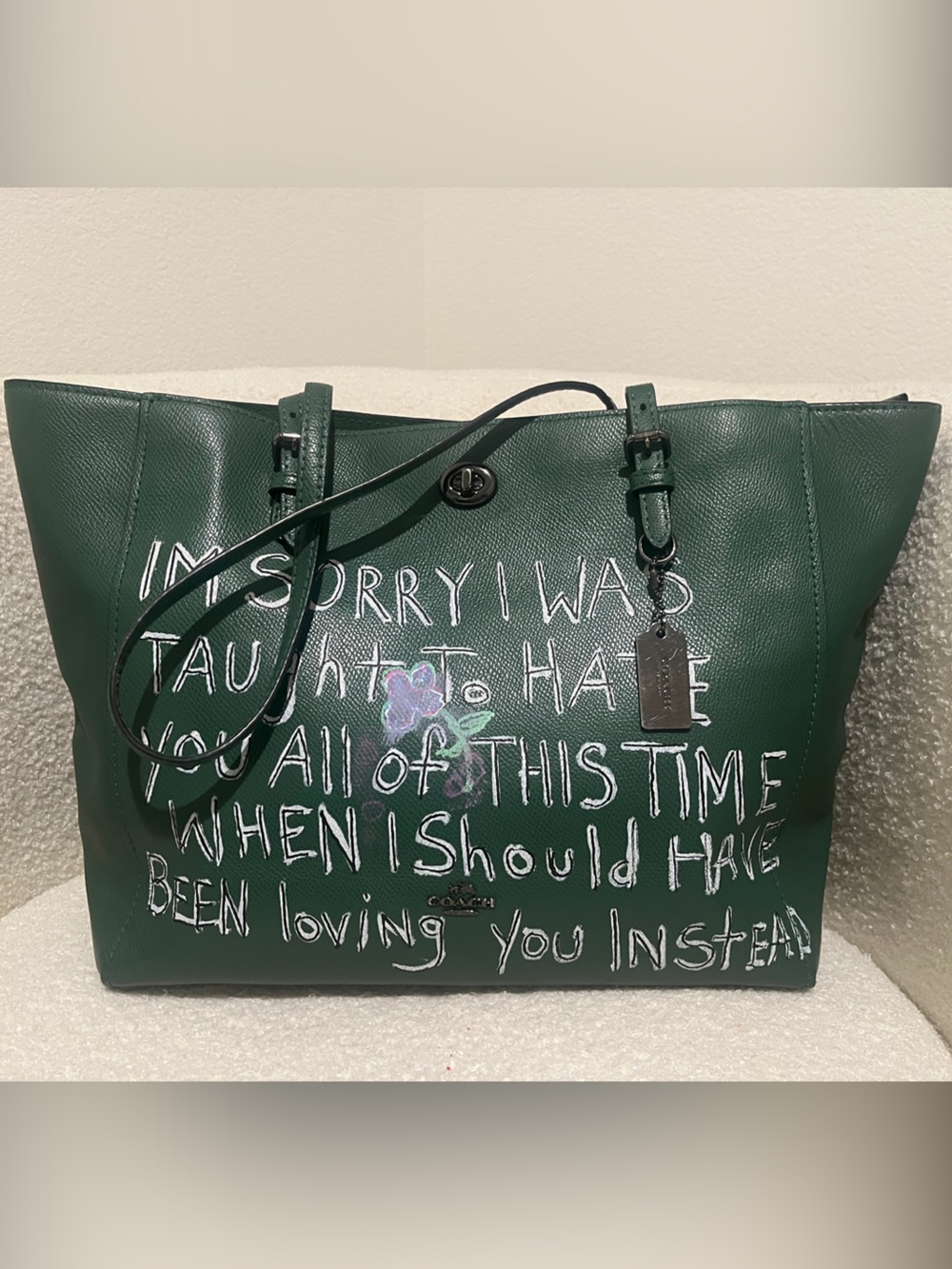 Coach Green Leather Tote with White Script and Painted Accent